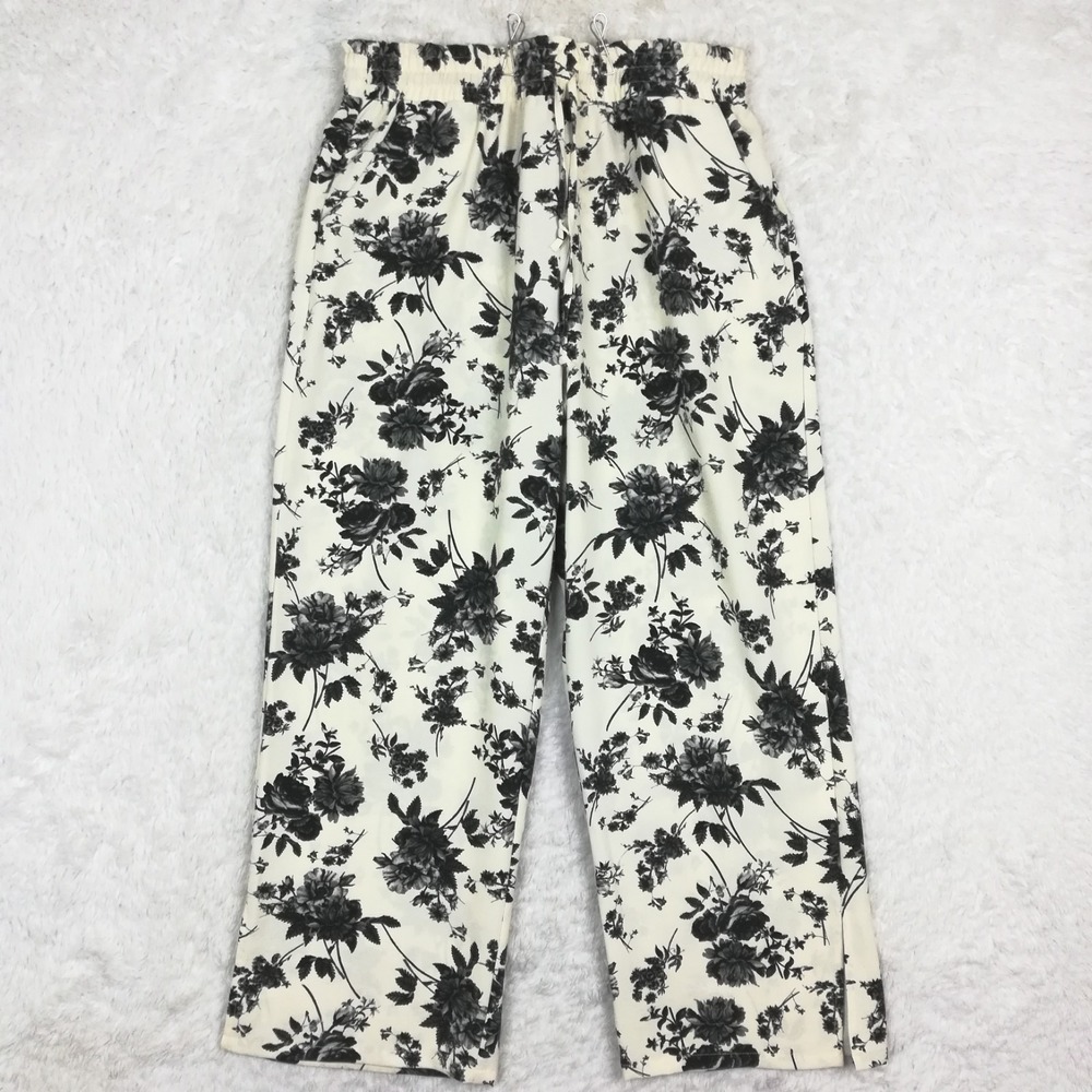 Hotgift Womens Pants Wide Leg Floral Cream Black Pull On High Rise‎ XL New